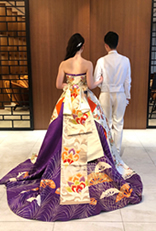 ウエディングドレスに振袖と帯を着物リメイクしたオーダーメイドの一点もの着物ドレス（大阪・東京銀座）